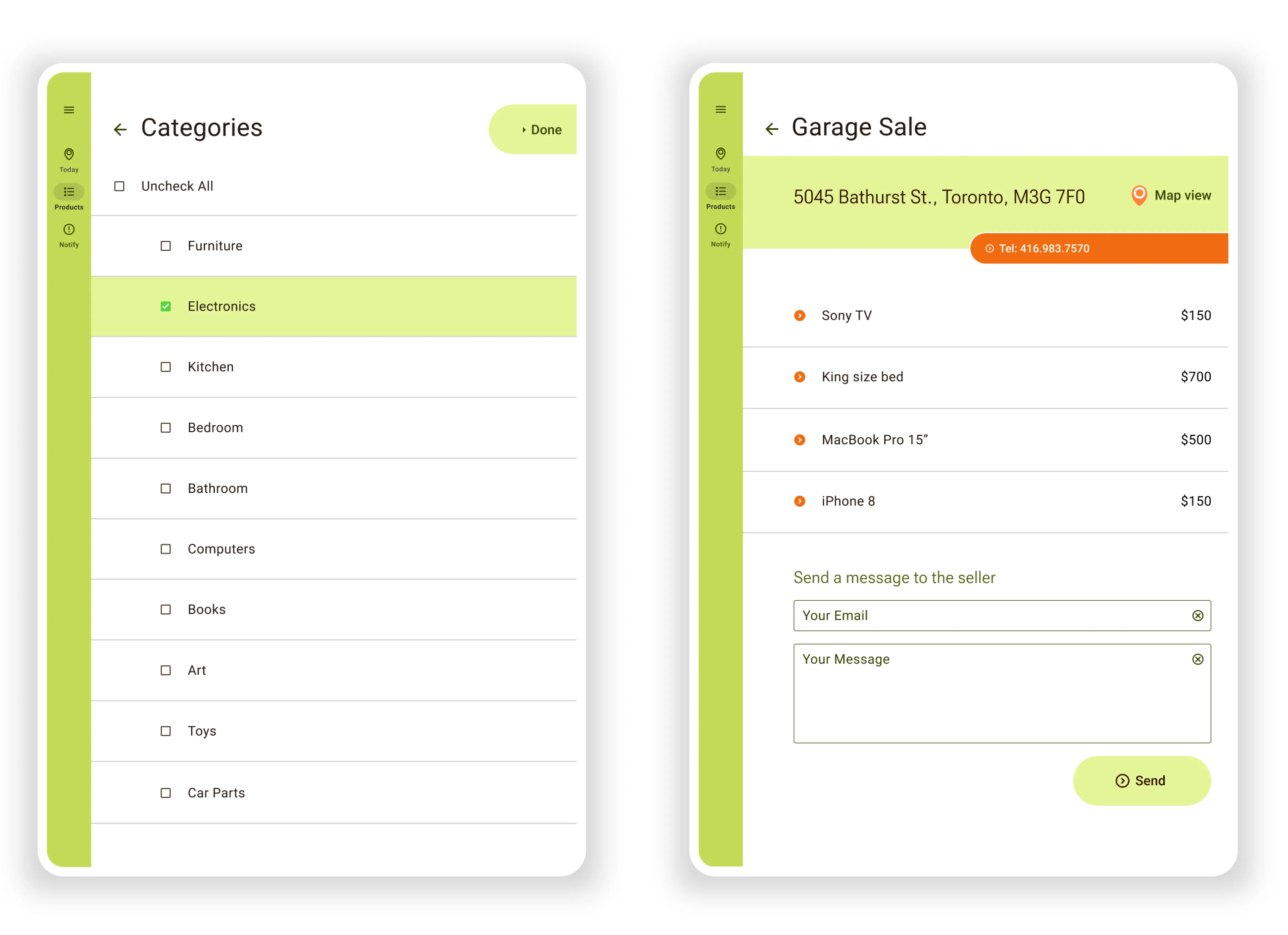 Garage Sale mobile app on a tablet
