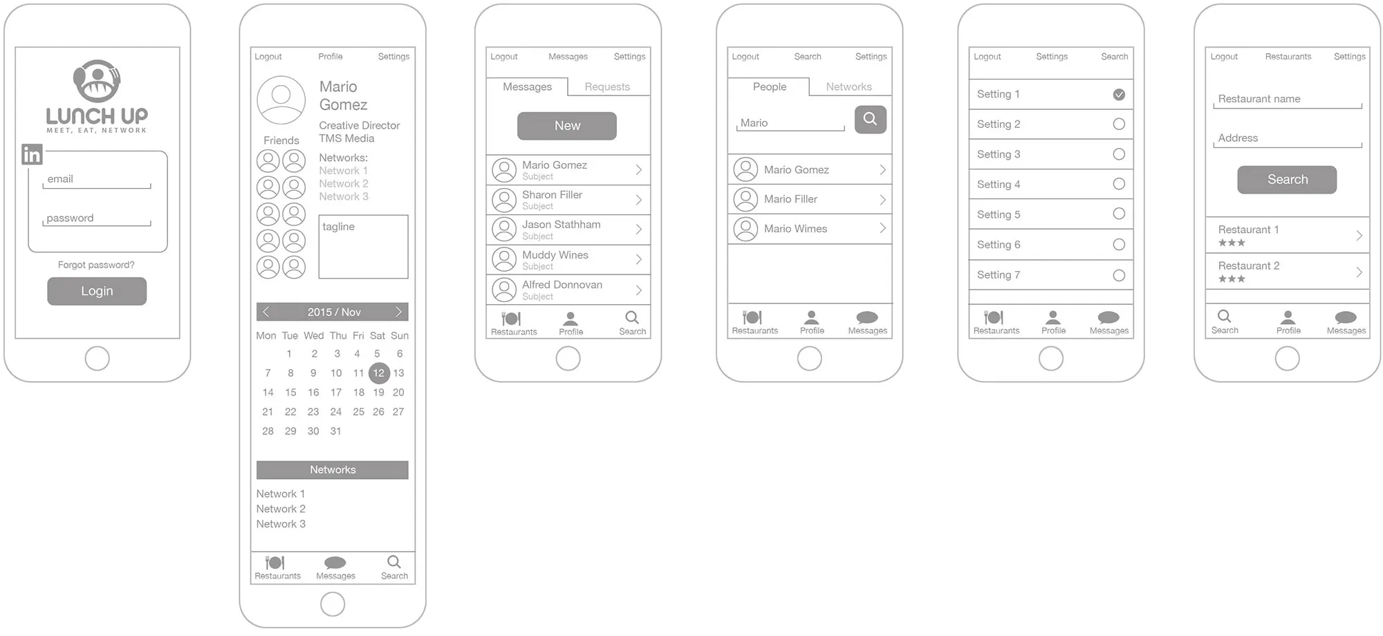 Wireframes for LunchUp mobile app